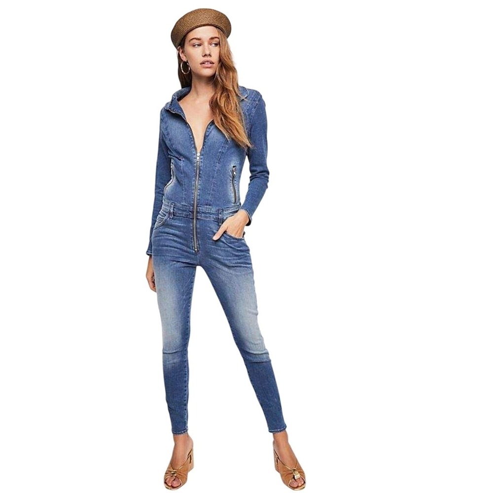 Etienne Marcel Long Sleeve Denim Jumpsuit Indigo Blue Zipper Utility Moto S